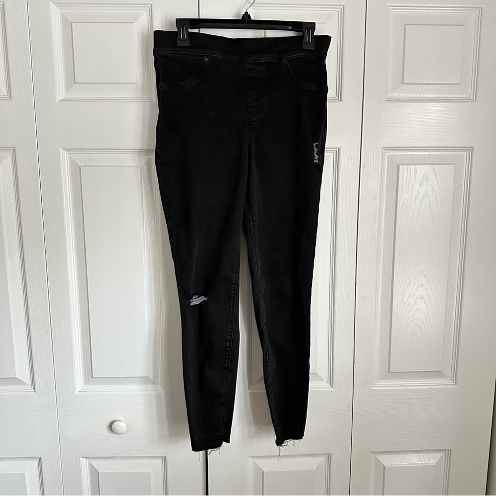 Spanx Jeans Womens Large Black Distressed Skinny High Rise Stretch Denim Pants